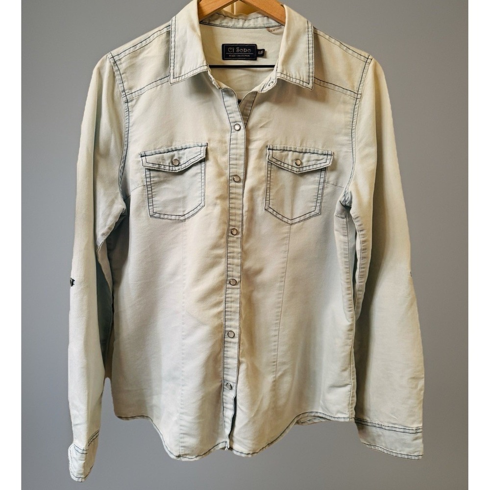 Ci Sono Women Denim Western Shirt XL Light Wash Pearl Snap Roll Tab Jean Blouse